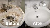 before and after cleaning of a bathroom sink